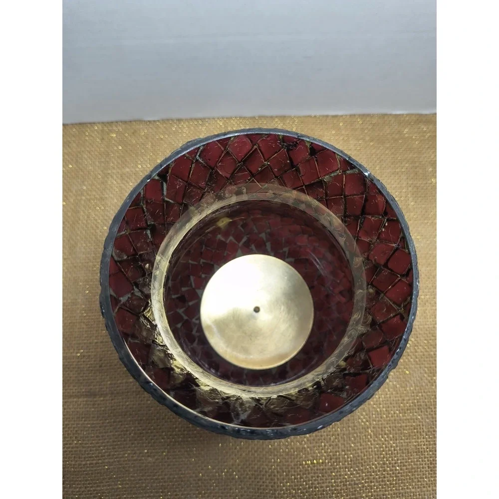 Red Mosaic Stained Glass Hurricane Candle Holder Lamp On Gold Tone Metal Base